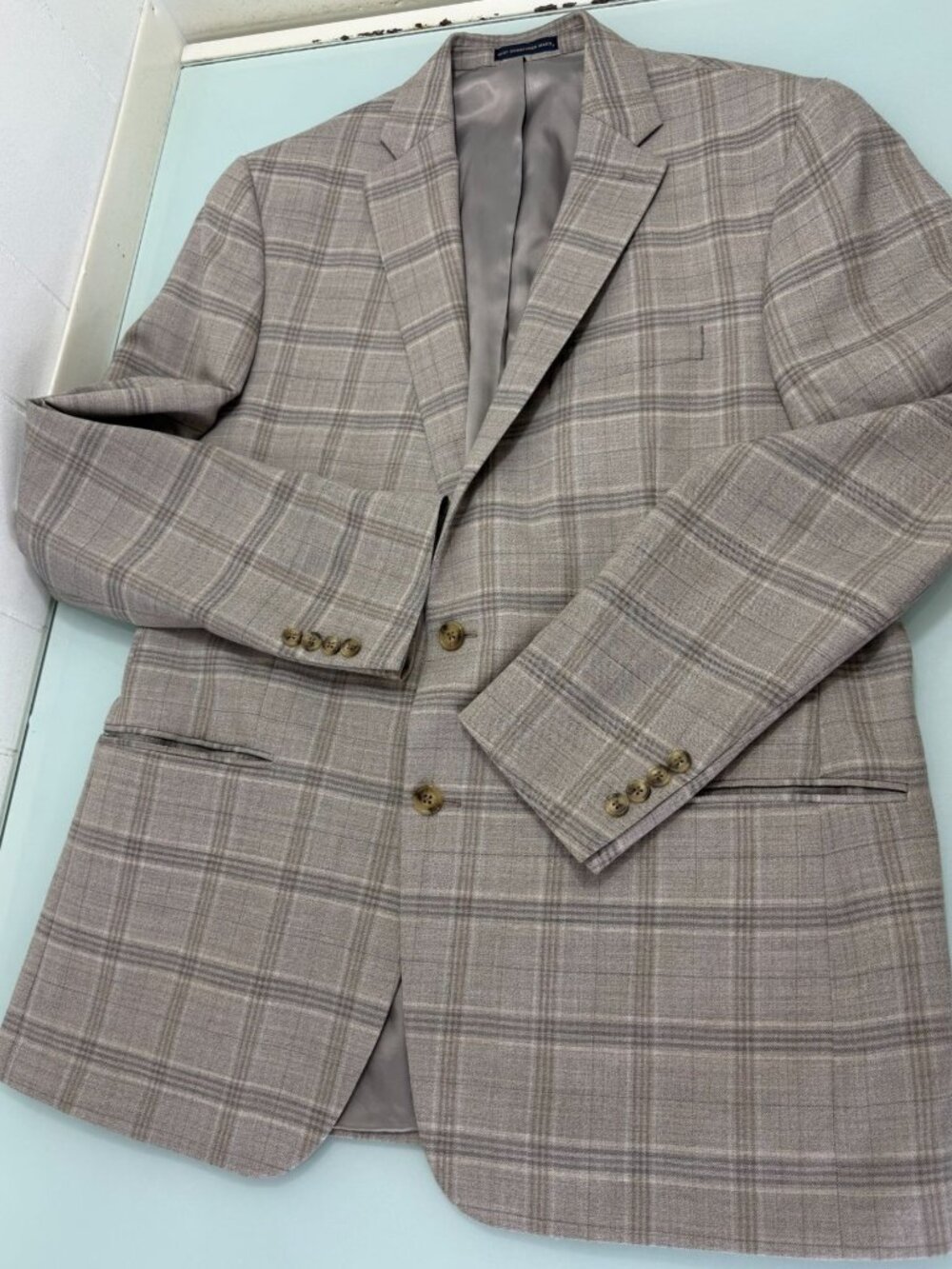 Hart Schaffner Marx Blazer Jacket 44L Windowpane Beige Wool 2 Button Double Vent